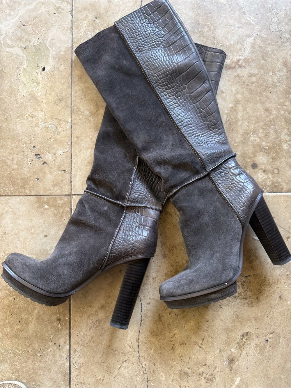 BCBGMAXAZRIA tall suede and faux croc boots. Excellent condition. 8